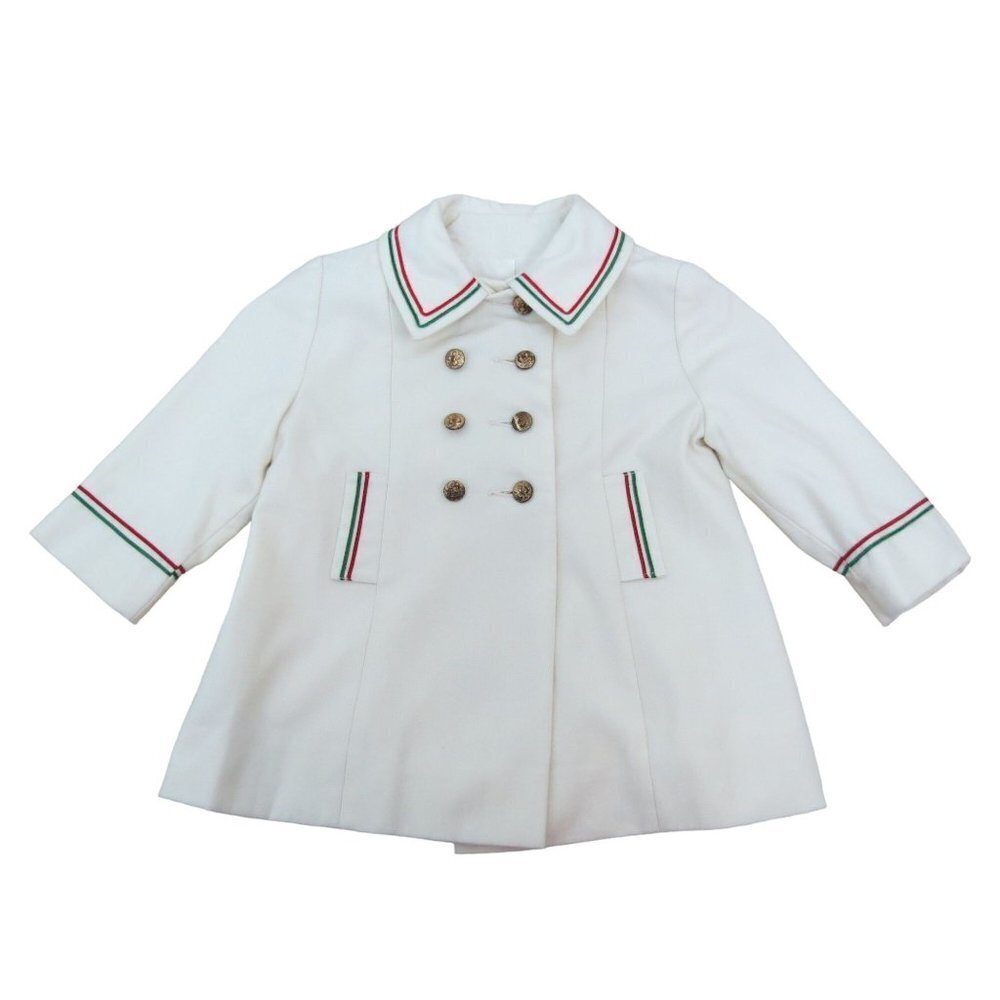 VINTAGE Kid's White Wool Pea Coat with Red Green Stripe A Rainbow Coat